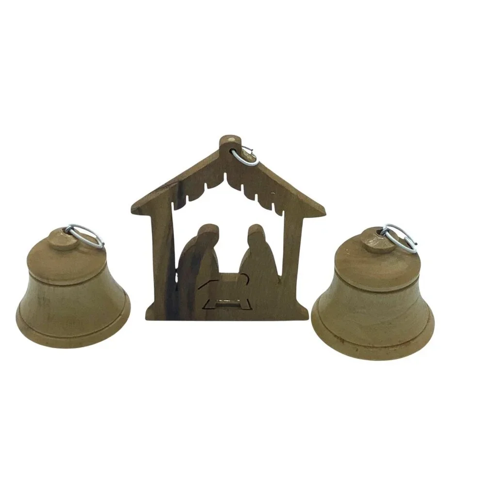 Vtg 1990 Wooden Nativity‎ Scene Bells Ornaments Israel Holy Land Jerusalem